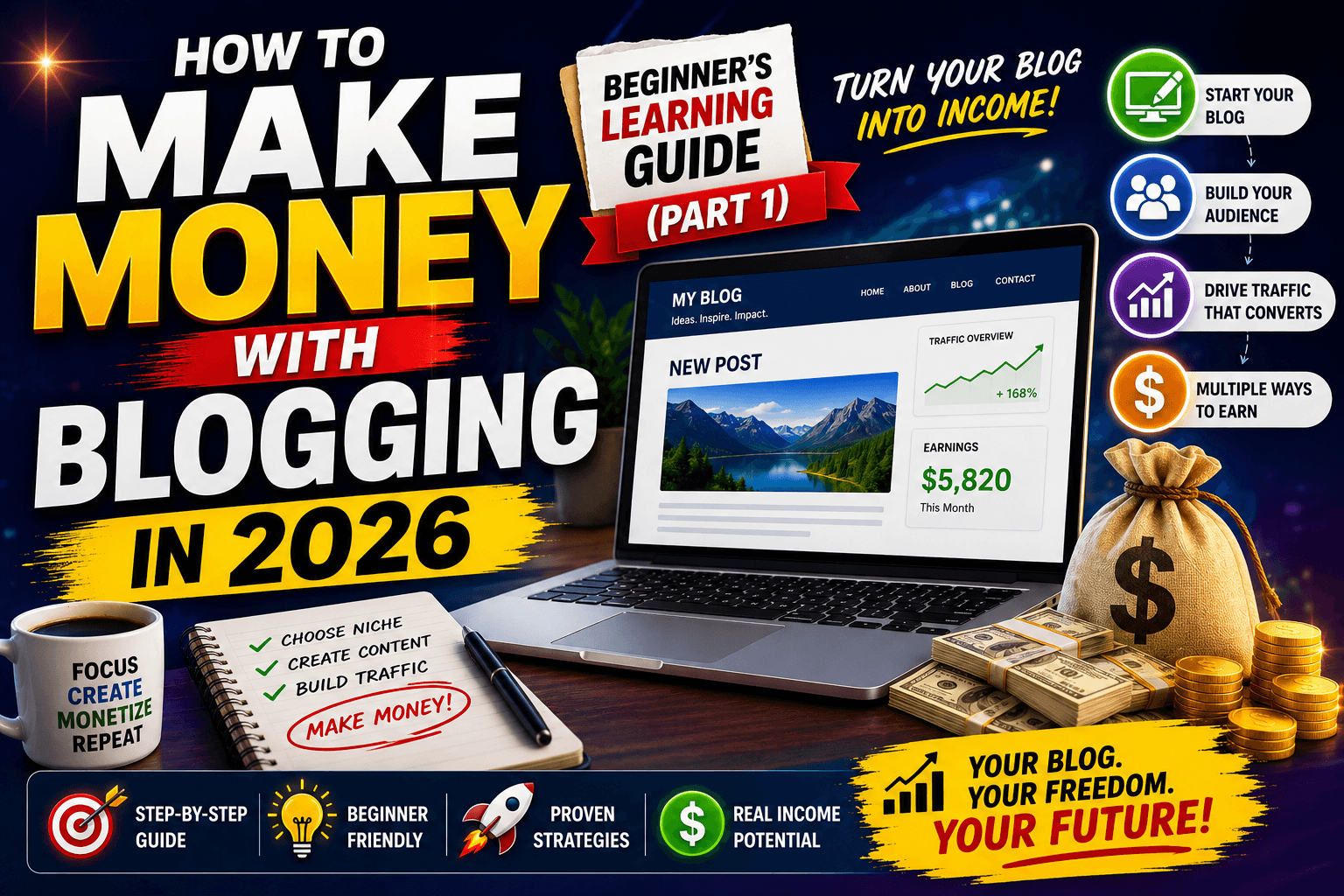 how to make money with blogging in 2026 beginner’s learning guide (part 1 ) feature image creat